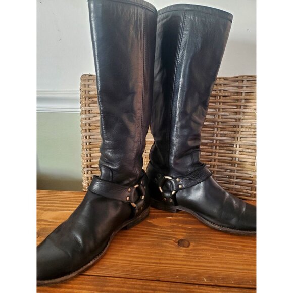 Vintage Frye Black Leather Knee-High Boots With Buckle & Zipper Detail Size 8 - Picture 4 of 10